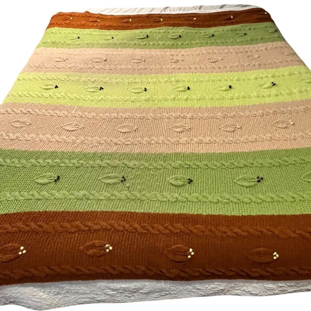 Vintage Blanket Bedspread Crochet Granny Cable Knit Multicolor Fall Cozy Hygge